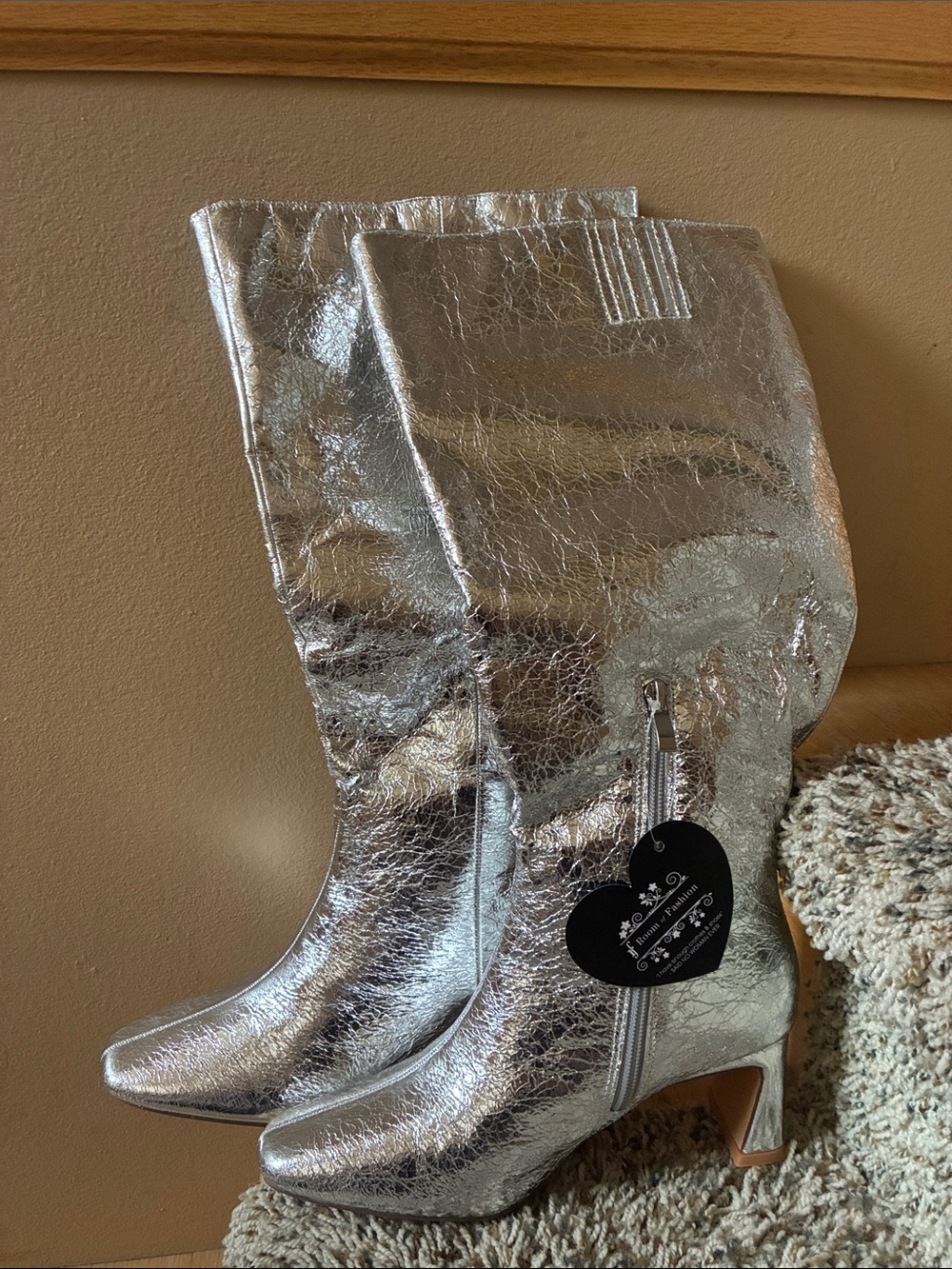 Silver Metallic Mid-Calf Heeled Boots